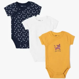 Lot de 3 bodys kimono MC en coton bio: bleu foncé,blanc et jaune