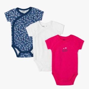 Lot de 3 bodys kimono MC en coton bio : bleu,blanc et rose