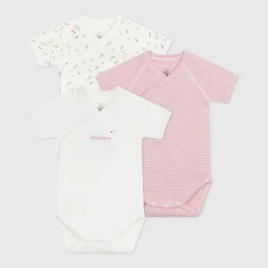 Petit Bateau Ensemble de 3 Bodies Cache-cœur en Coton à Manches Courtes - Cœur/Fleurs/Rayures