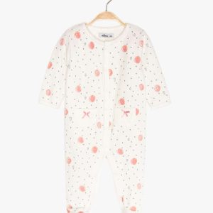 Grenouillère blanc/rose en velours à imprimé pois et coeurs