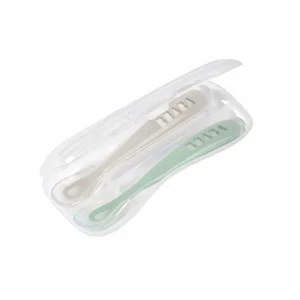 Béaba Ensemble de 2 Cuillères en Silicone 1ère Âge avec Étui de Voyage - Gris Brumeux+Sauge