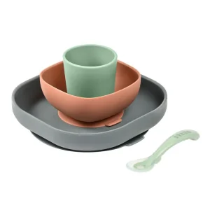 Béaba Ensemble de repas en silicone avec ventouse (4 pièces) - Vert minéral / Terracotta