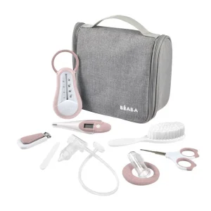 Béaba Trousse de toilette/kit de soins - Vieux rose | Thermomètre (de bain), ciseaux, coupe-ongles, brosse, anneau de dentition, mouche-bébé et lime à ongles