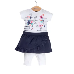 Ensemble Robe volantée et legging Blanc et bleu marine