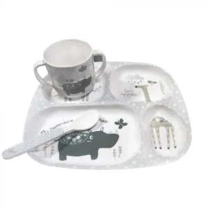 Set /Coffret repas,3 pièces : assiette à 4 compartiments, 1 cuillère et tasse à deux anses